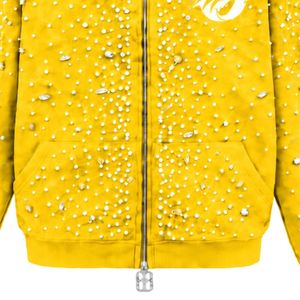 Golden Yellow Pearl <b>Zip</b> Up <b>Hoodie</b> Decorative Pearl Studded Casual Streetwear Jacket Long Sleeve Hooded Sweatshirt With <b>Pockets</b> - Product Image 5
