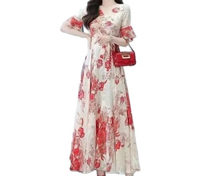 เดรสแฟชั่นฤดูร้อนของผู้หญิงมาใหม่กระโปรงนางฟ้าเข้ารูปทรงเอไลน์ตกแต่งลูกไม้แขนสั้นผ้าชีฟองเอวตก - Product Image 4