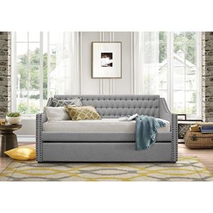 Divano Letto Moderno in Tessuto Grigio con Letto Estraibile, Dettagli Trapuntati e Borchie, Struttura in Legno - Product Image 3