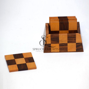 Handcrafted Checkerboard Wooden <b>Coaster</b> <b>Set</b> With Box. Dual-Tone Finish Square Shape Drink Mats For Elegant Table Decoration - Product Image 3