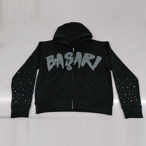 Custom Logo Printed Vintage Washed Hoodies <b>Zip</b> up Men Heavyweight Cotton Sunfaded Rhinestone Hoodie - Product Image 1