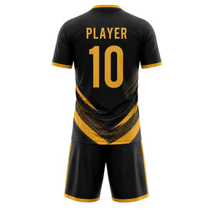 Nuevo Conjunto de Uniforme de Fútbol Personalizado Negro y Dorado para Hombre, Sublimado, Cuello en V, Bolsillos Laterales, Transpirable, Secado Rápido, Ropa Deportiva para Equipo - Product Image 2