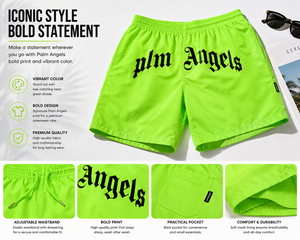 Shorts de bain pour hommes vert fluo à séchage rapide, légers, imprimés, avec cordon de serrage et taille élastique, pour la plage et l'été - Product Image 4