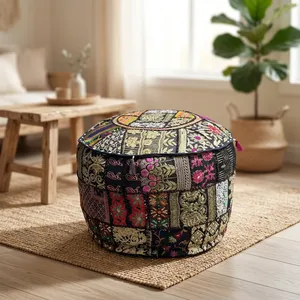 Indian Embroidered Patchwork Cotton Pouf Cover Handmade Round <b>Ottoman</b> Cover - Product Image 1