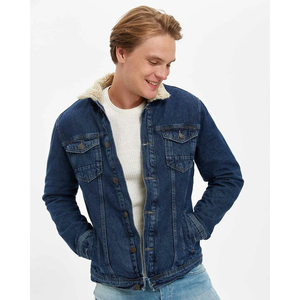 Men's Black Denim <b>Jacket</b> <b>With</b> Faux Fur <b>Lining</b> Turn-down Collar Single Breasted Casual Autumn Slim Fit Woven Washed Style - Product Image 6