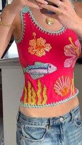 Embroidery <b>Camera</b> Lobster Flamingo Fruit Tropical Patch Sleeveless Summer Crop Top Low Price White Ribbed Cotton - Product Image 6