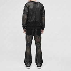 <b>Fishnet</b> Mesh Tracksuit Full Sleeve Crew Neck Loose Fit Flare Two Piece Streetwear Summer Drawstring Sheer Mesh Pants Set - Product Image 3