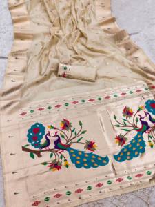 Silk Saree With Peacock Embroidery Hand Drawn Traditional Indian Wedding Wear For Women - Product Image 6