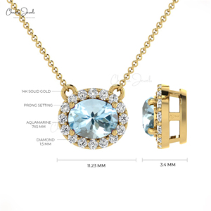 Trending Products Oval Cut 7x5mm Aquamarine & Diamond Halo Necklace 14k Solid Gold <b>Link</b> Chain Necklace Top Wholesale Suppliers - Product Image 4