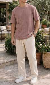Camiseta de Hombre Ecológica 100% Algodón Tejido de Manga Corta con Cuello Redondo, Color Rosa Empolvado, Estilo Casual, Corte Regular con Parche en el Dobladillo - Product Image 5