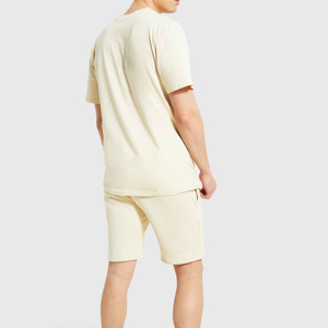 Men's Cream Cotton Crew Neck T-Shirt And Shorts <b>Set</b> Casual Summer Wear <b>Knitted</b> Solid Color 2-Piece Outfit - Product Image 3