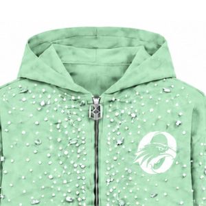 Sweat à capuche vert menthe avec fermeture éclair et perles, veste streetwear tendance à manches longues, sweat-shirt décontracté à capuche avec poches avant - Product Image 3