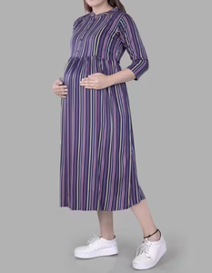 <b>Plus</b> <b>Size</b> <b>Women's</b> Striped Empire Waist Casual <b>Dress</b> Three Quarter Sleeve Mid Calf Length Loose Fit Viscose Polyester Fabric - Product Image 1