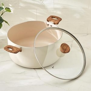 Casserole en acier inoxydable émaillé 24 cm ronde avec couvercle en verre, poignées en bois, design minimaliste, passe au lave-vaisselle - Product Image 2