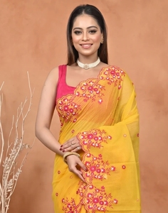 KV Women's Printed Kota Pure Cotton <b>Saree</b> with Unstitched Blouse (<b>Yellow</b>) Reversible Quick Dry Wrinkle Free Autumn - Product Image 5
