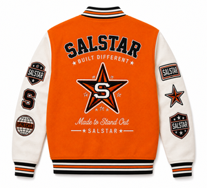เสื้อแจ็คเก็ตเบสบอลแบบ Varsity Letterman สีส้มขาวสำหรับผู้ชาย พร้อมป้ายปักแบบ OEM ODM - Product Image 2