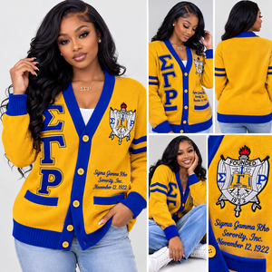 Sigma Gamma Rho Winter Acrylic <b>Cardigan</b> Sweater Women Yellow Blue Greek Sorority Knit Varsity Embroidered Custom Manufacturer - Product Image 5