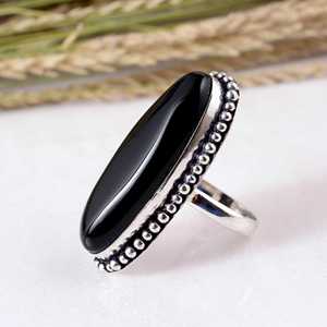 SHYAM JEWELRS Long Nanette Black Onyx Silver Antique Large Gemstone <b>Statement</b> <b>Ring</b> Tribal Scalloped Edge Design Boho Hippie - Product Image 4