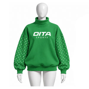 <b>Green</b> Oversized <b>Women</b> Mock Neck Sweatshirt Pearl Studded Sleeve Pullover Loose Fit Casual Streetwear Long Sleeve Winter Fashion - Product Image 1