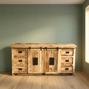 Buffet vintage en bois indien recyclé, meuble TV avec deux portes et six tiroirs, finition métallique rustique, armoire de rangement - Product Image 5