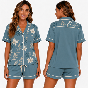 Conjunto de pijama de manga corta a rayas verdes para mujer, ropa de dormir de verano con botones y cuello vuelto en la parte delantera - Product Image 5