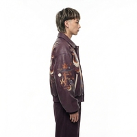 Blouson Bomber en Cuir Bordeaux pour Homme avec Broderie Renard Kitsune à Neuf Queues Japonais, Style Vintage Oversize Streetwear