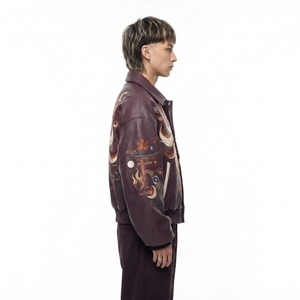 Japanese Nine Tailed Kitsune Fox Embroidery Mens <b>Burgundy</b> <b>Leather</b> Bomber <b>Jacket</b> Vintage Oversized Streetwear Outerwear - Product Image 3