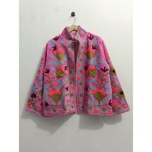 Veste d'hiver courte en velours rose pour femme avec col mandarin et broderie florale, doublure en coton - Idéale pour les fêtes et les cadeaux - Product Image 6