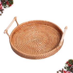 Round Eco-Friendly Natural Rattan Serving <b>Tray</b> With Wood Handles Handwoven Wicker Storage <b>Basket</b> Platter For Coffee Table Decor - Product Image 1