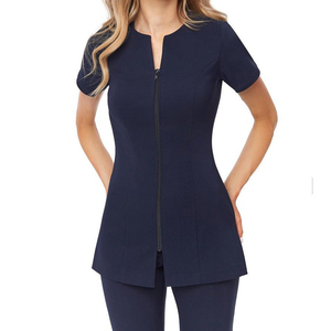 Custom Unisex Black Spandex/Cotton <b>Scrub</b> <b>Top</b> Short Sleeve V-Neck Zip Front Needle Detection Medical Nursing Hospital Uniform - Product Image 3