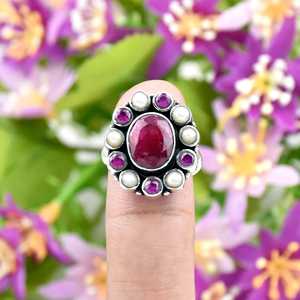Bague en argent sterling 925 avec rubis vintage naturel et perles, design floral en grappe, style bohème, bijou fin - Product Image 6