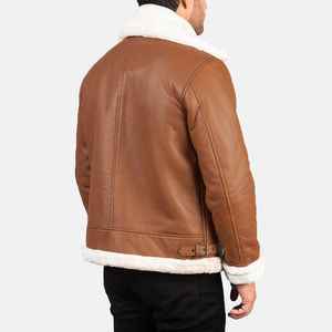 Blousons en cuir véritable pour hommes, effet vieilli, en peau de mouton véritable, avec doublure Sherpa en fausse fourrure, tricot côtelé élégant, doux, ceinturé, style aviateur B3 Bomber - Product Image 4