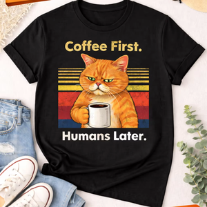 T-shirt en coton imprimé personnalisé avec motif drôle de chat et de café, unisexe, décontracté, à manches courtes, vente en gros, vêtements OEM ODM - Product Image 1