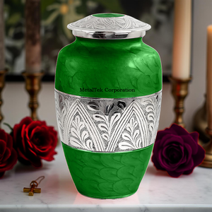 Grandes urnes funéraires vertes pour cendres, avec bande florale gravée, pour adultes (hommes, femmes) et enfants, décoratives, pour cérémonie funéraire, commémorative, en métal - Product Image 1