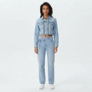 Women Light Blue Denim Jacket And Jeans Set Cropped Zip Jacket High Waist Straight Leg Two Piece <b>Streetwear</b> Outfit - Product Image 1