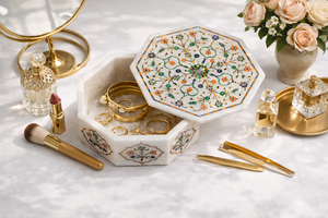 Boîte de rangement pour bijoux en marbre moderne de forme octogonale blanche, écologique, avec incrustation de pierres semi-précieuses, cadeau de luxe fait à la main - Product Image 2