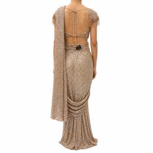 Sari de créateur en Georgette de Champagne, orné de sequins et de perles, avec franges, longueur ras du sol, élégant, pour mariage, bal de promo, soirée, pour femme - Product Image 2