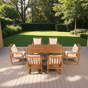 Ensemble de table à manger rectangulaire en teck à plateau lamellé avec 6 fauteuils à base de traîneau et coussins pour terrasse en bois - Product Image 1