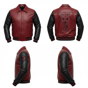 Blouson universitaire noir personnalisé en cuir pleine fleur, respirant, coupe-vent, avec doublure en toile écologique, style streetwear, vente en gros - Product Image 5