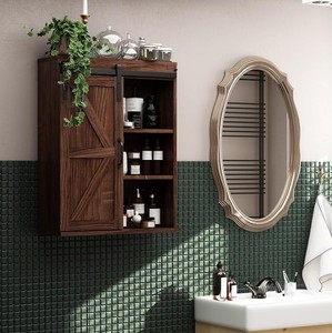 Wall Mounted Wooden Bathroom <b>Cabinet</b> <b>Rustic</b> Farmhouse Style 3 Shelf Storage with Metal Handle and Open Display - Product Image 1