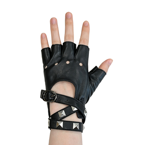 Sporty Style Black Leather Motorbike Fingerless Gloves Studs Wrist Length Touchscreen Eco-Friendly Unlined Four Seasons Outdoor - Product Image 2