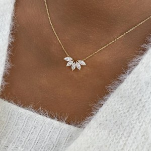 <b>Solid</b> Yellow <b>Gold</b> Marquise Cut Diamond Cluster <b>Pendant</b> Necklace in Prong Setting Everyday Charm Handmade Jewelry Gift for Women - Product Image 2