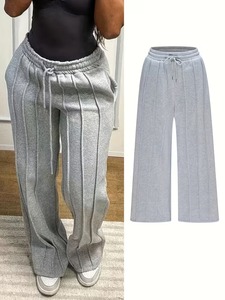 Women High Waist Wide Sweetpants Leg Ankle-Length Pants Solid Color Drawstring Closure Breathable Polyester Leisure Bottoms - Product Image 4