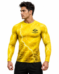 Men Yellow Lightning Compression Shirt Long Sleeve Rash Guard Gym Fitness Workout <b>Athletic</b> Base Layer Performance Sportswear - Product Image 2