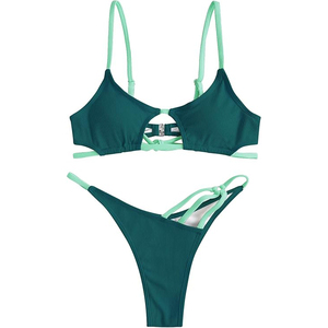 Traje de Baño Bikini Acanalado con Recortes para Mujer, Sexy, Verde Oscuro con Ribete Neón, Dos Piezas, Acolchado, Moderno, para Playa - Product Image 3