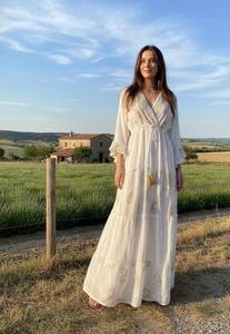 White Boho Maxi Dress for Women – Golden Embroidery Handmade Tie Dye <b>Three</b> Quarter Sleeve V-Neck Floor Length Long Maxi Dress - Product Image 5