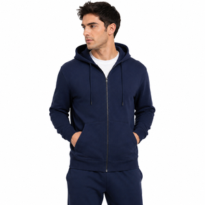 Men's Navy Blue Hooded <b>Zip</b>-<b>Up</b> Sweatshirt & Hoodie Regular Fit Casual French Terry 100% Cotton Autumn Wear - Product Image 1