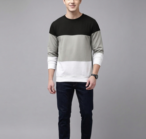 Sweat-shirt pour homme de qualité supérieure, à trois tons et blocs de couleurs |   Pull à col rond noir, gris et blanc |   Vêtement de rue urbain personnalisé à étiquette privée - Product Image 1