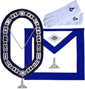 ผ้ากันเปื้อนนายกัปตันพิธีกรรมสีน้ำเงินของสมาคมเมสัน พร้อมปลอกคอโซ่เงินและเครื่องประดับผ้ากำมะหยี่ - Product Image 1