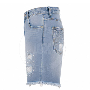 Wholesale Custom Plus Size Rhinestone Distressed <b>Jeans</b> Shorts Cotton Custom Color High Waist Denim Shorts - Product Image 4